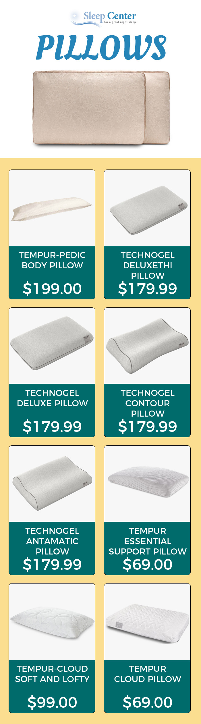 Shop Brand New Bed Pillows Online at Best Prices from Sleep Center