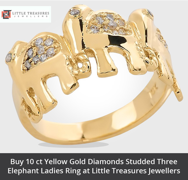 Buy 10 ct Yellow Gold Diamonds Studded Three Elephant Ladies Ring at Little Treasures Jewellers