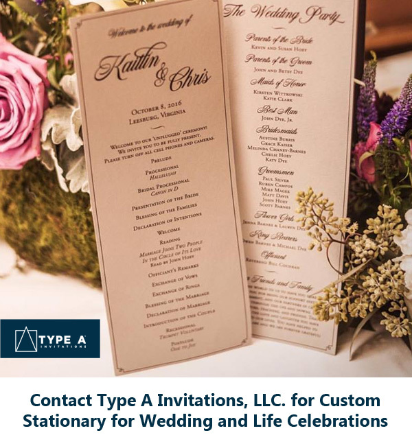 Contact Type A Invitations, LLC. for Custom Stationary for Wedding and Life Celebrations
