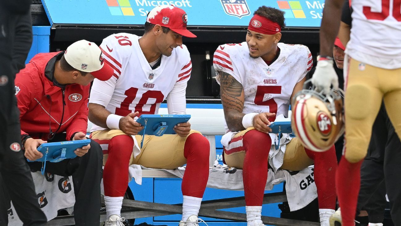 San Francisco 49ers' Jimmy Garoppolo advising Trey Lance to try to stay positive as he recovers from season-ending injury
